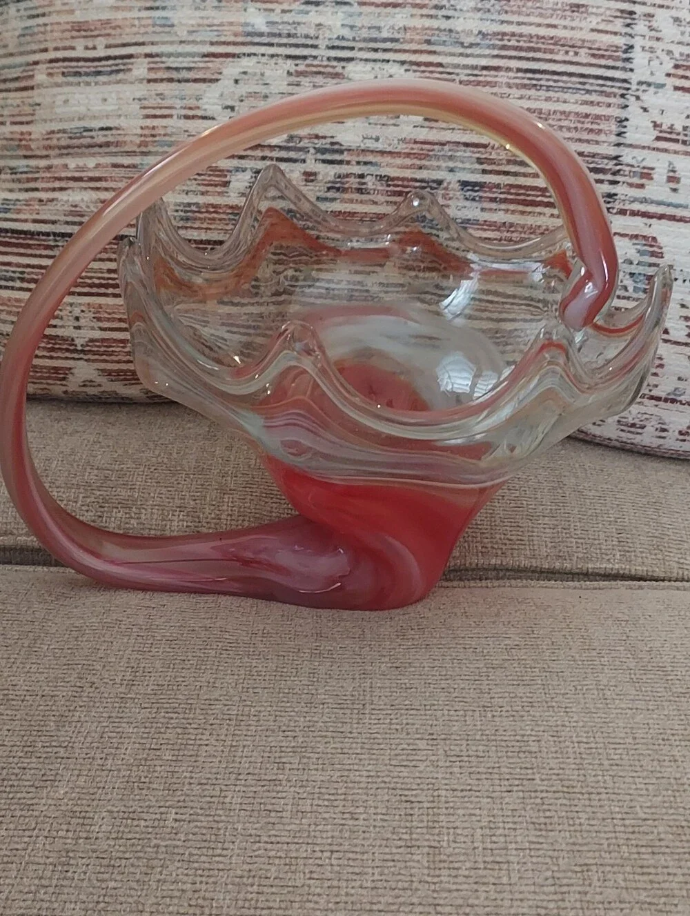 Murano Vintage Glass Basket Orange/Cream  Perfect Condition I PACK GLASS WELL!